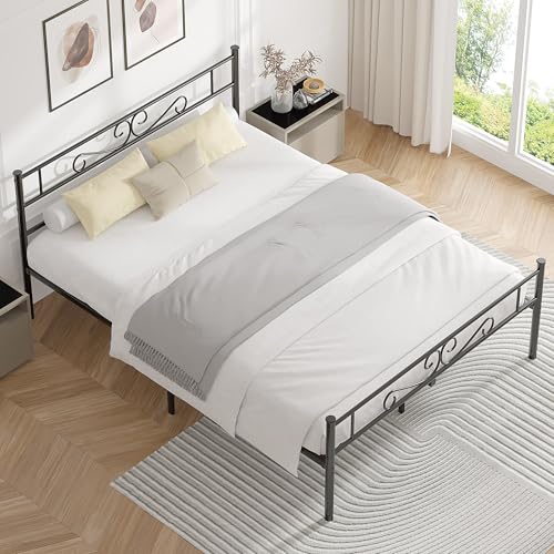 VECELO Full Size Bed Frame with Headboard, Heavy-Duty Metal Slats, No Box Spring Needed G7819