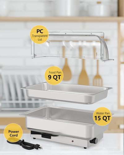 9QT Electric Chafing Dish Set with Temperature Control, Roll Top Stainless Steel Buffet Server M185928