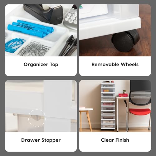 IRIS USA Plastic 10-Drawer Rolling Storage Cart with Wheels, White/Clear Y592371