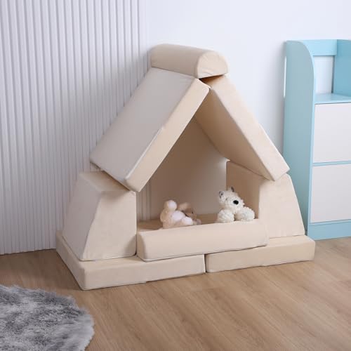 Modular Kids Play Couch, Convertible Foam Floor Sofa for Toddlers, Beige G408018