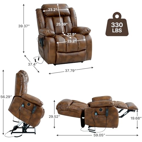 EDILLY Genuine Leather Power Lift Recliner Chair with Massage and Heating, Brown C901