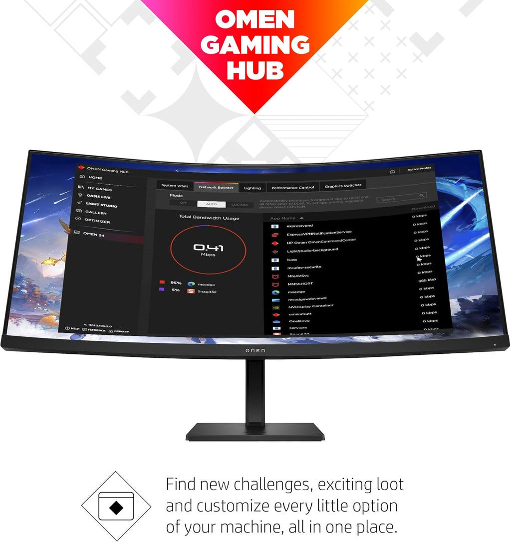 HP OMEN 34c QHD 165Hz Curved Gaming Monitor, 3440 x 1440, VA Panel, 21:9, Black H232