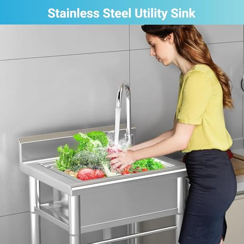 26 Inch Utility Sink, 304 Stainless Steel Free Standing with Pull-out Faucet B946