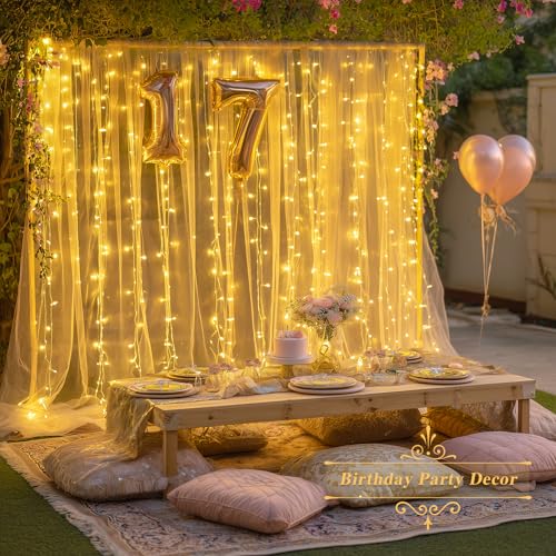 JMEXSUSS 200 LED Christmas Curtain Lights, Warm White, Battery & USB Powered W573
