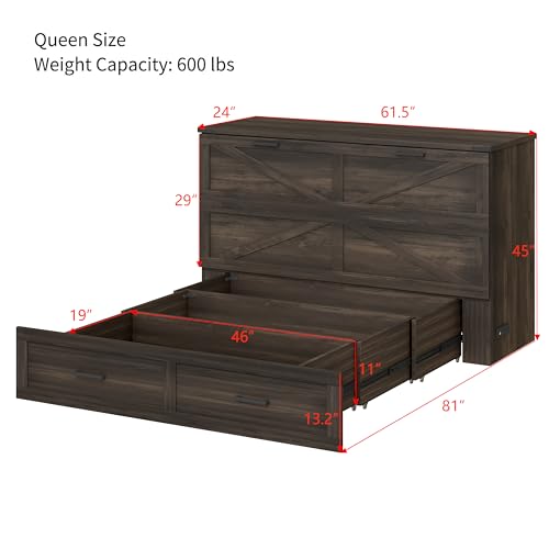 Murphy Cabinet Bed Frame with Charging Station, Full-Size Foldable Wall Bed Z526