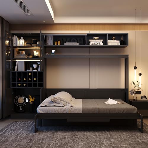 MERITLINE Queen Murphy Bed with Couch and Storage Shelves, LED Light, White J578