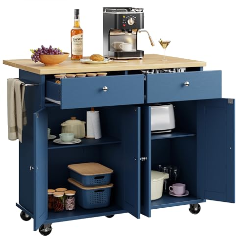 Shintenchi Kitchen Island with Drop Leaf, Rolling Cart with Storage, White T972