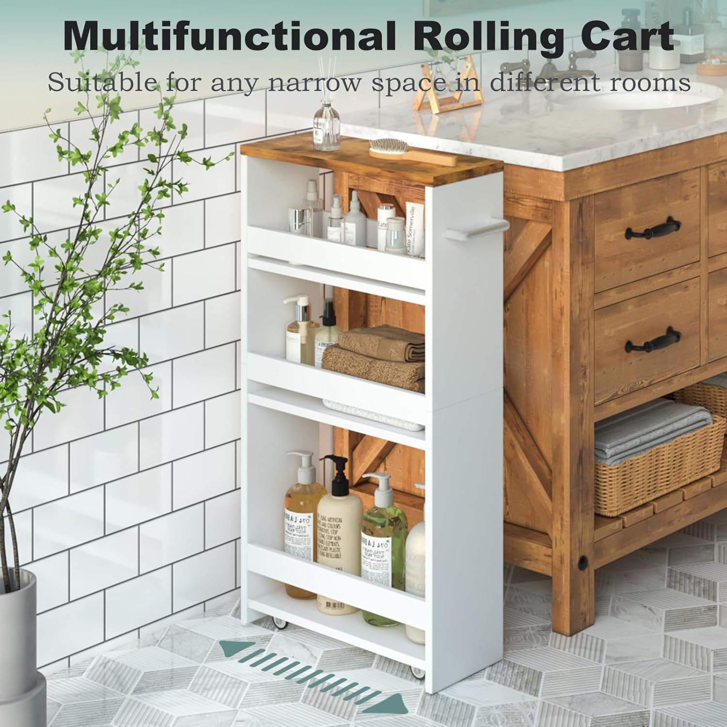 MARTY Slim Rolling Storage Cart 4-Tier Wood White Kitchen Cart with Wheels Q31344