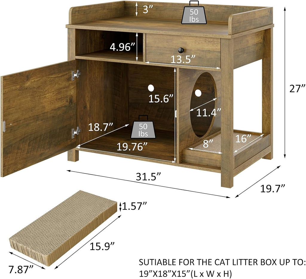Wooden Cat Litter Box Enclosure with Shelves and Drawer G29596