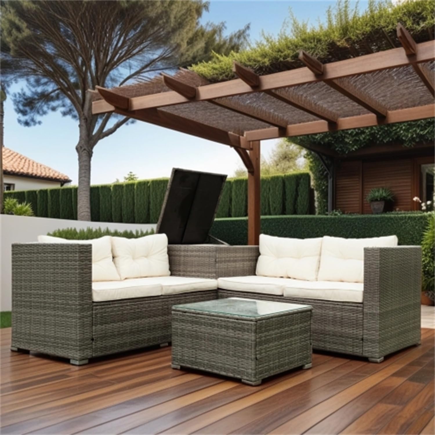 Grey 4-Piece Patio Wicker Rattan Sectional Sofa Set with Storage Box R300209