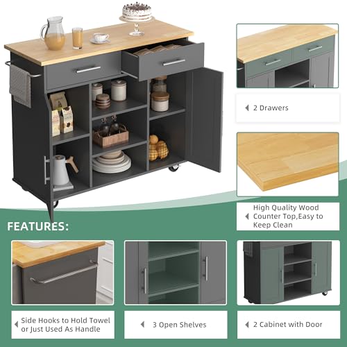 Shintenchi Kitchen Island with Drop Leaf, Rolling Cart with Storage, White T972