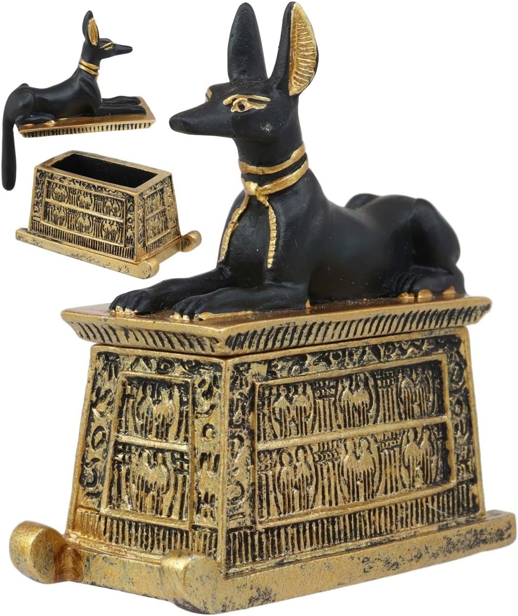 Ebros Egyptian Anubis Hieroglyphic Cartouche Box Figurine Black and Gold Finish F567