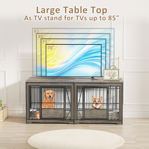 86 in Double Dog Crate Furniture with Divider, Heavy Duty Wooden Kennel for Large Dogs, Brown P52672
