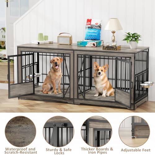 86 in Double Dog Crate Furniture with Divider, Heavy Duty Wooden Kennel for Large Dogs, Brown P52672