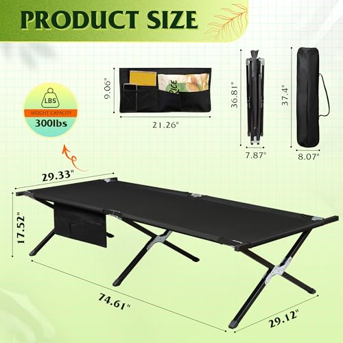 WLIVE Military Camping Cot, Portable Folding Cot with Carry Bag, Supports 300 Lbs, Silver Greige R758042