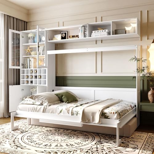 MERITLINE Queen Murphy Bed with Couch and Storage Shelves, LED Light, White J578