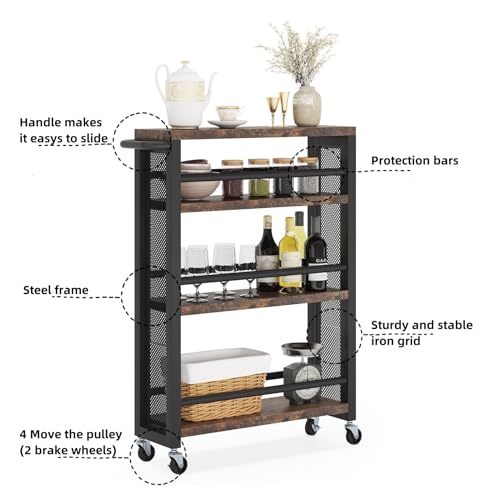 4-Tier Rolling Storage Cart with Handle, Slim Kitchen Cart, Black K5004