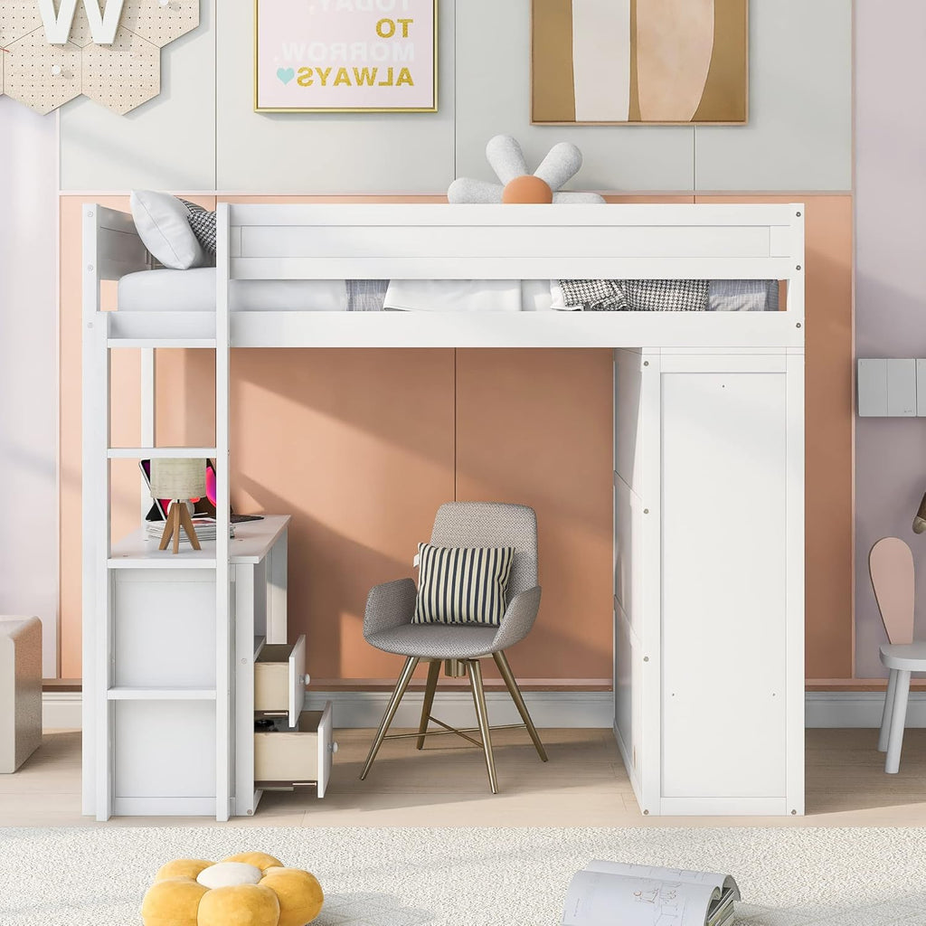 Modern Twin Loft Bed with Desk and Wardrobe, White L334490
