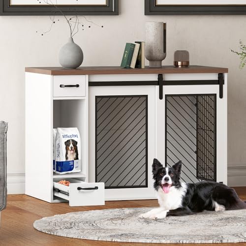 Extra Large Dog Crate Furniture, 85" Sliding Door Double Kennel for 2 Large Dogs Divided, Heavy Duty Wooden Dog Crate Kennel Furniture with 4 Dog Bowls and Drawer Indoor, White
