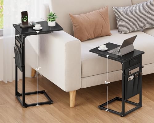 Vagusicc C Shaped End Table with Charging Station, Adjustable Height, Brown C747005