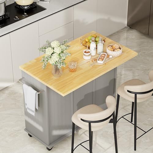 Shintenchi Kitchen Island with Drop Leaf, Rolling Cart with Storage, White T972