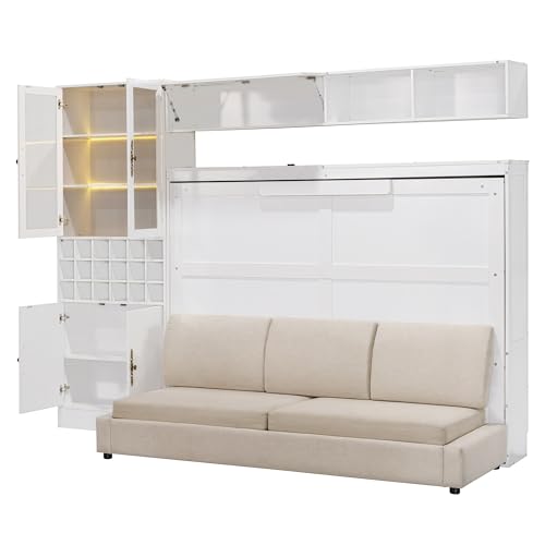 MERITLINE Queen Murphy Bed with Couch and Storage Shelves, LED Light, White J578