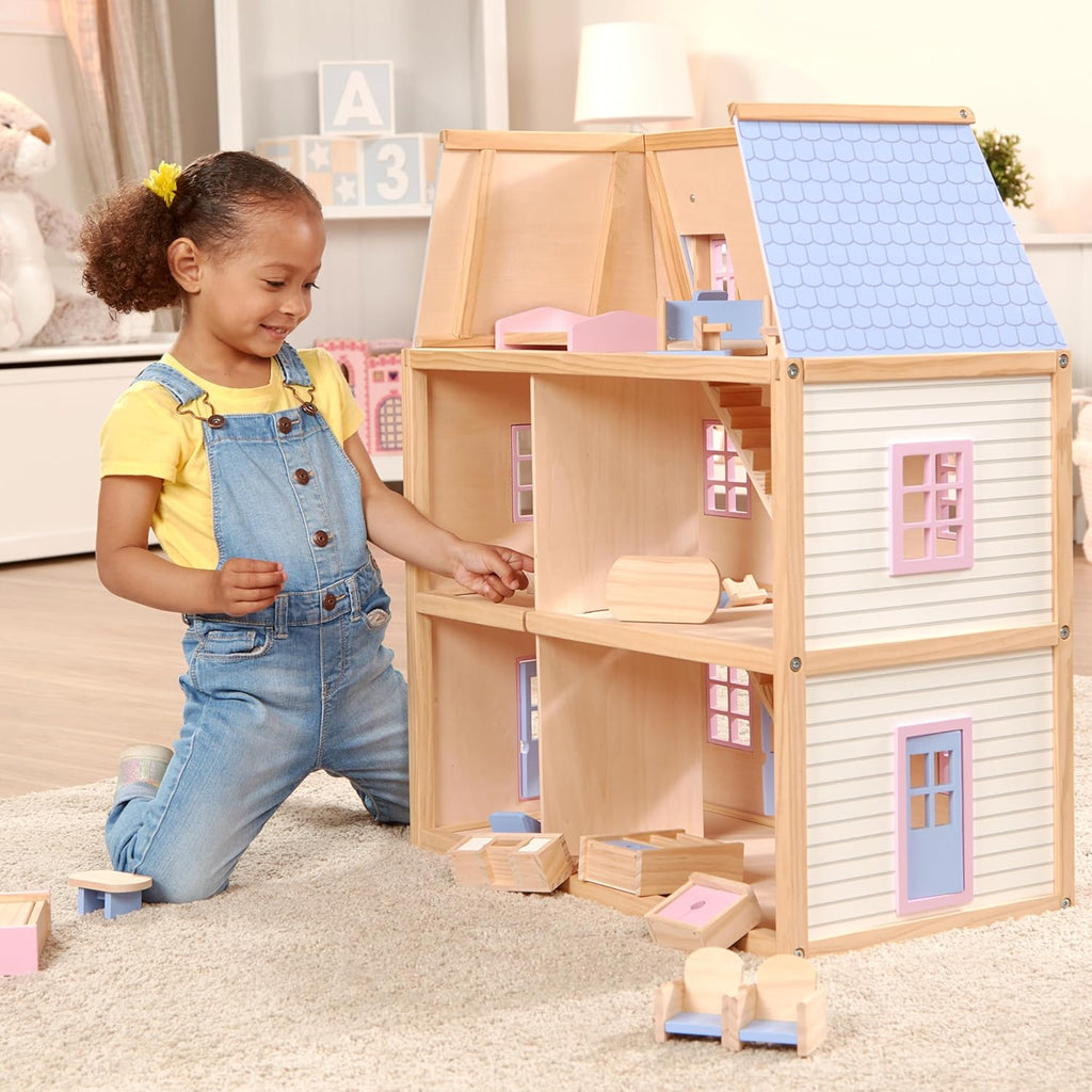 Melissa & Doug Modern Wooden Multi-Level Dollhouse with 19 pcs Furniture Q853480