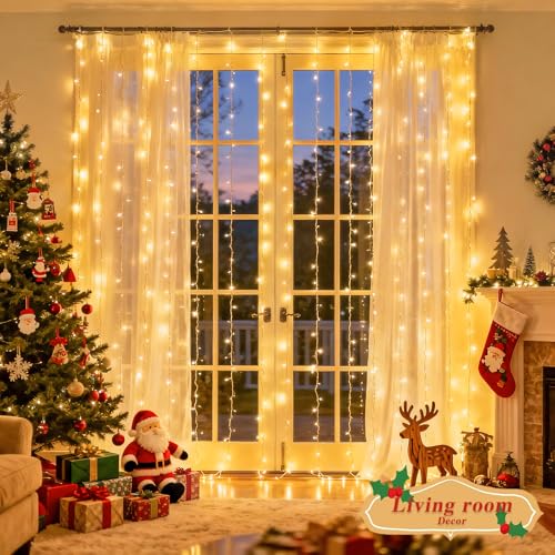 JMEXSUSS 200 LED Christmas Curtain Lights, Warm White, Battery & USB Powered W573