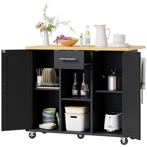 Shintenchi Kitchen Island with Drop Leaf, Rolling Cart with Storage, White T972