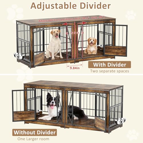 86 in Double Dog Crate Furniture with Divider, Heavy Duty Wooden Kennel for Large Dogs, Brown P52672