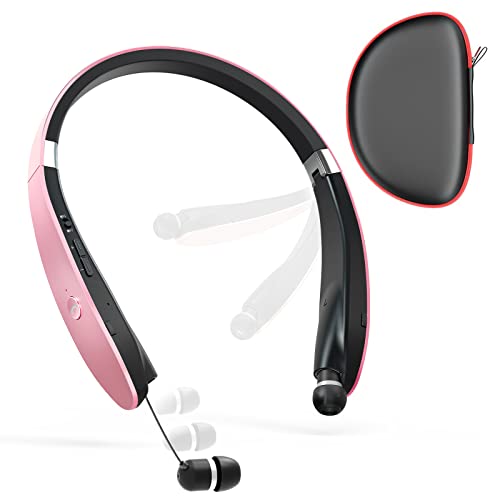 Bluetooth Neckband Headphones, Dpvisn Foldable Wireless Lightweight Neck Headset with Retractable Earbuds, Noise Cancelling Sweatproof Stereo Earphones with Mic & Carrying Case (Black)