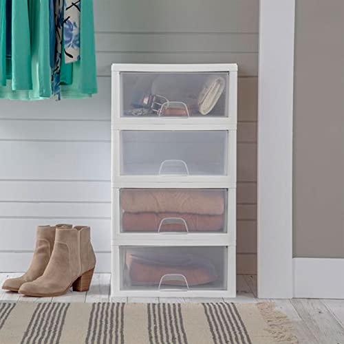 Sterilite 4-Pack 27 Quart Stacking Drawer, Clear Storage Organizer with White Frame M965