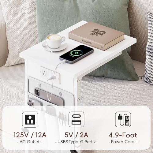 Vagusicc C Shaped End Table with Charging Station, Adjustable Height, Brown C747005