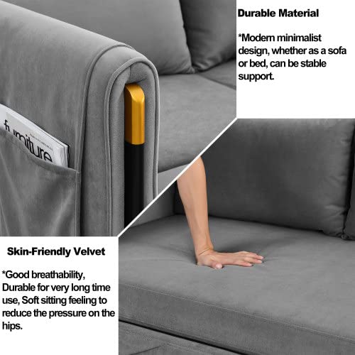 54" Modern Velvet Convertible Sofa Bed with 2 Pillows, Gray O946039