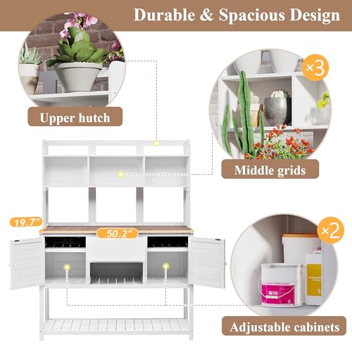 Outdoor Wooden Potting Bench Table with Drawers and Storage Shelves C672480