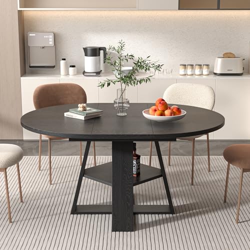 Extendable Round Dining Table for 4-8 with Removable Leaves, Wood Base, Walnut V742