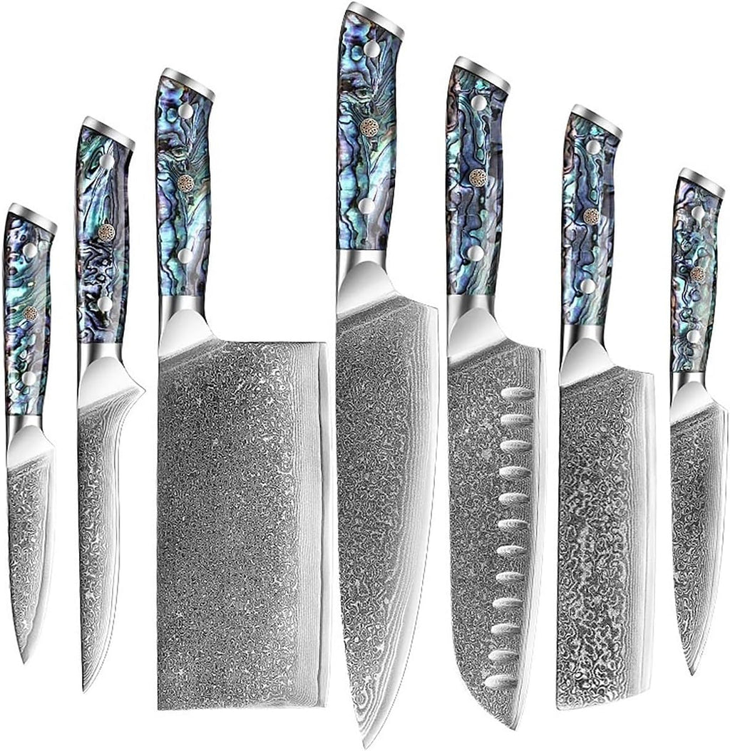 Knife Sets, 7 PCS 67 Layer Damascus Steel Kitchen Knives Set Sharp Japanese VG10 Santoku Nakiri Boning Cleaver Chef Knife Abalone Shell Handle, ARCOFF9058