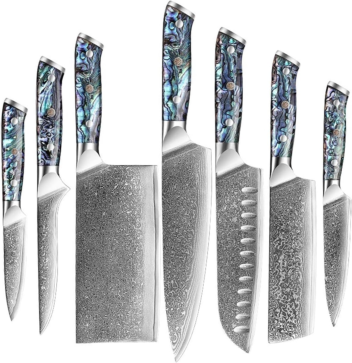Knife Sets, 7 PCS 67 Layer Damascus Steel Kitchen Knives Set Sharp Japanese VG10 Santoku Nakiri Boning Cleaver Chef Knife Abalone Shell Handle, ARCOFF9058