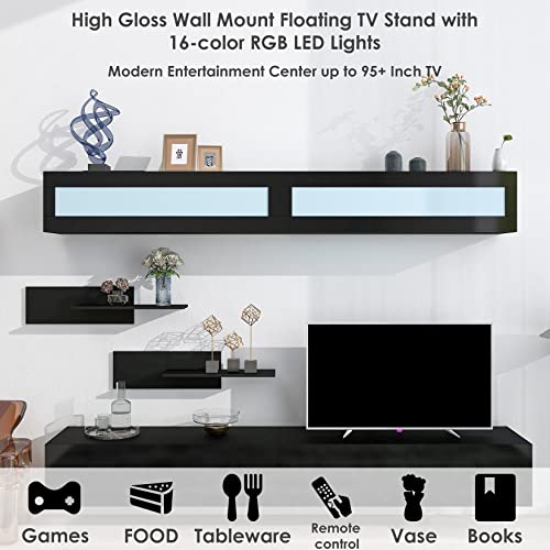Wall Mount Floating TV Stand with Media Storage, RGB LED Lights, Black C5241