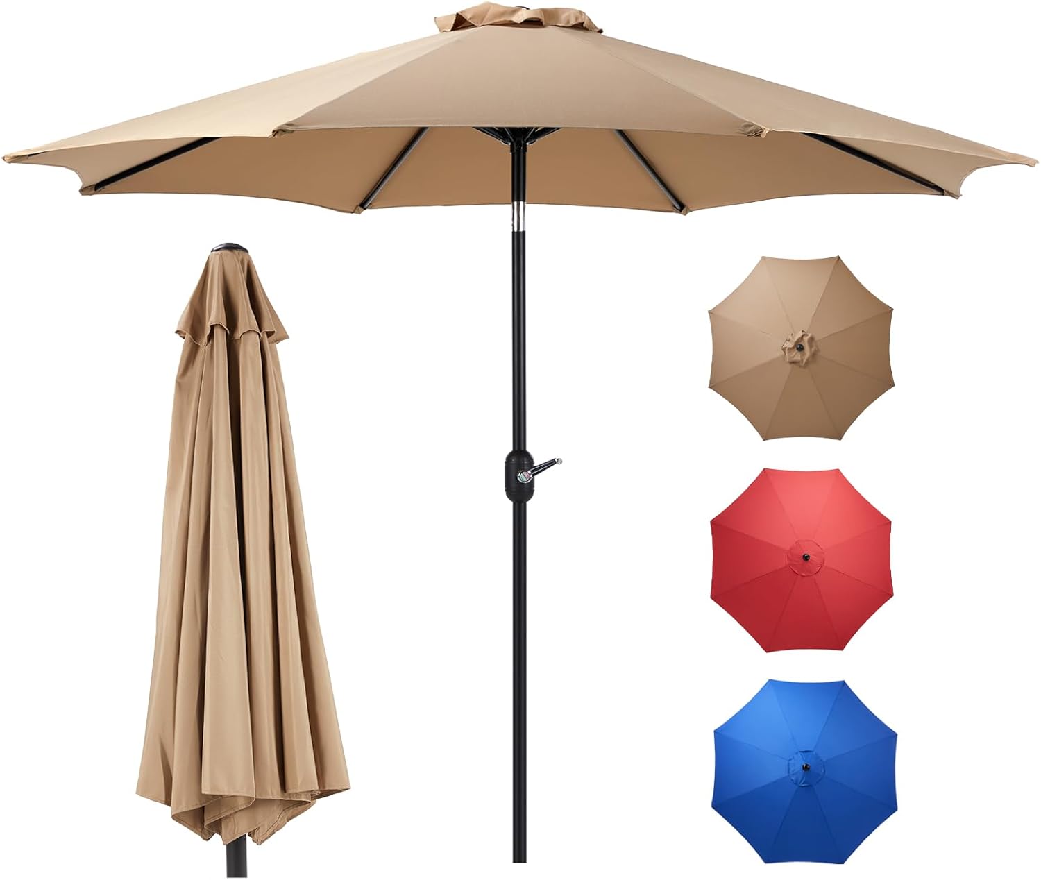 OLIXIS 9' Outdoor Patio Umbrella, Outdoor Table Umbrella with 8 Sturdy Ribs, Market Yard Umbrella with Push Button Tilt and Crank for Garden, Terrace, Beach, Backyard, Outdoor Pool - Tan