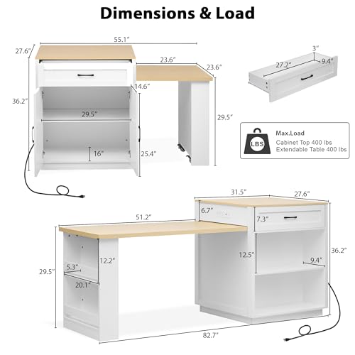 Merax 82.7" Kitchen Island with Extendable Dining Table, Storage & Charging Station, White Oak K8597