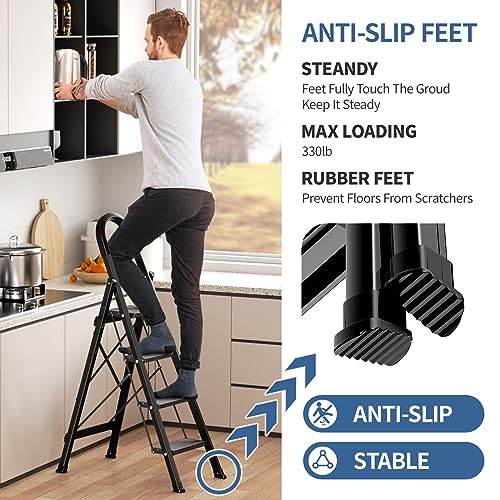 4 Step Ladder with Handgrip, Folding Aluminum Step Stool, 330lbs Capacity, Black R71948