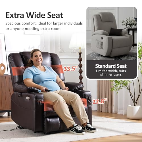 MCombo Large Triple Motor Power Lift Recliner Chair with Massage and Dual Heating, Faux Leather, Dark Brown X979