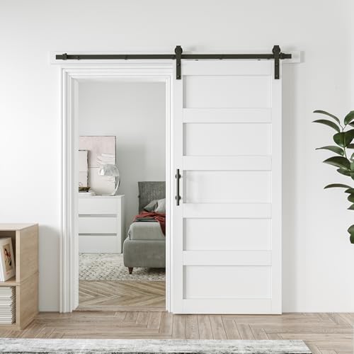 White 5-Panel Solid Sliding Barn Door with Hardware Kit W109