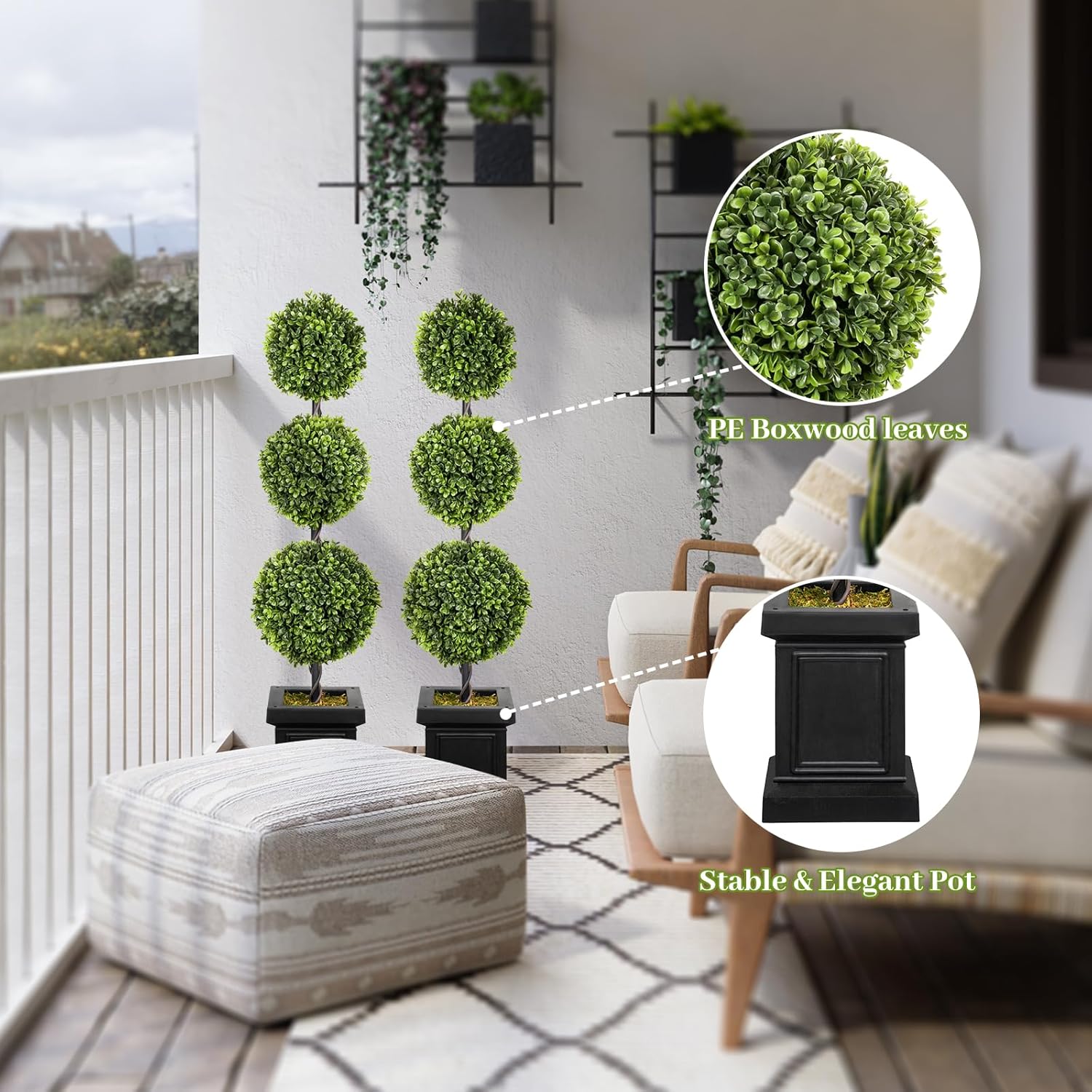 Artificial Topiary Outdoor Set of 2, 3.5ft Boxwood Trees with Sturdy Pot Z761