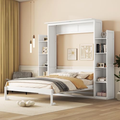 Queen Size Murphy Bed with Desk & Charging Station, White K505073