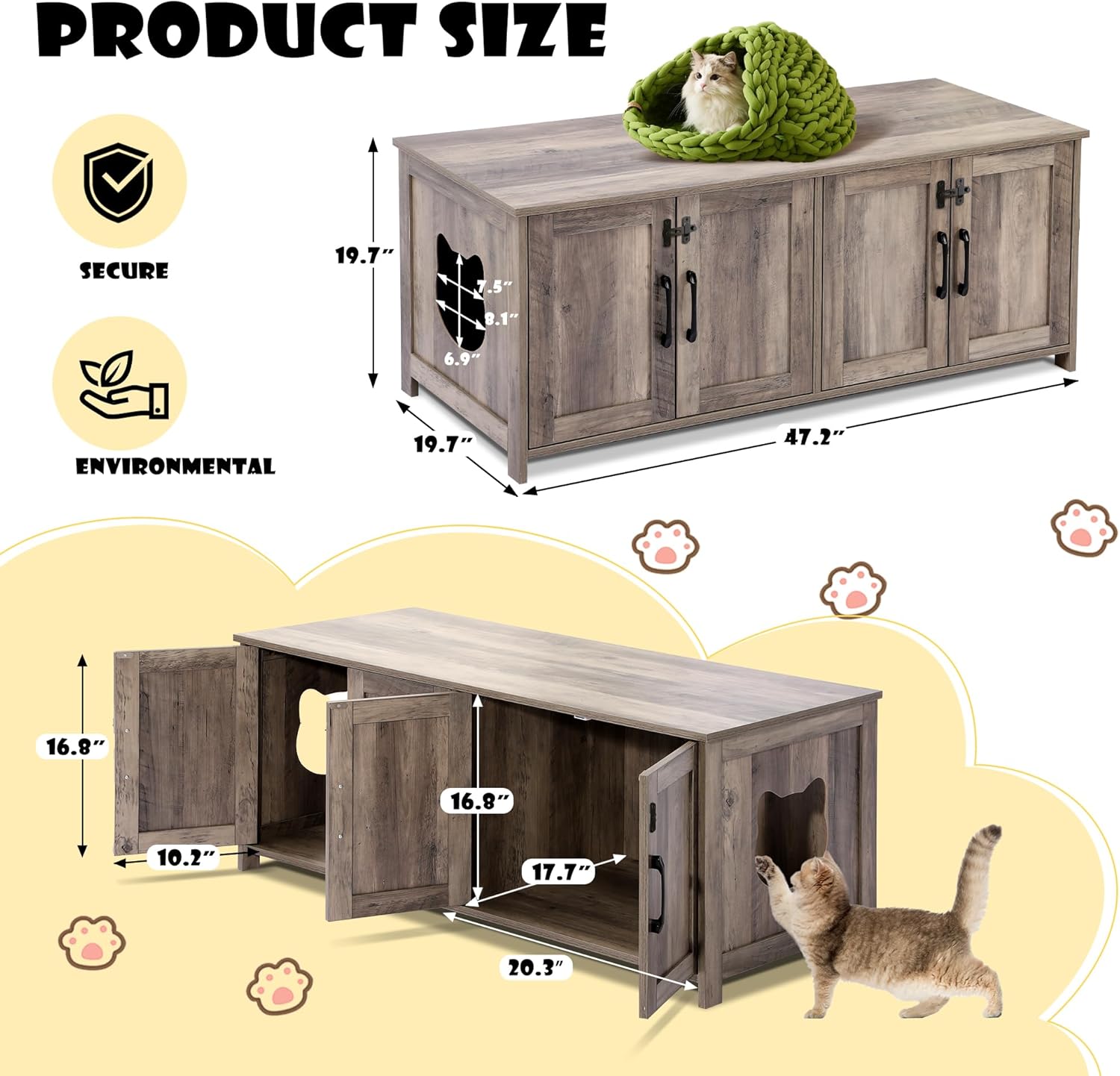 TITIMO Cat Litter Box Enclosure for 2 Cats with Lockable Door, Wooden, Greige A67654