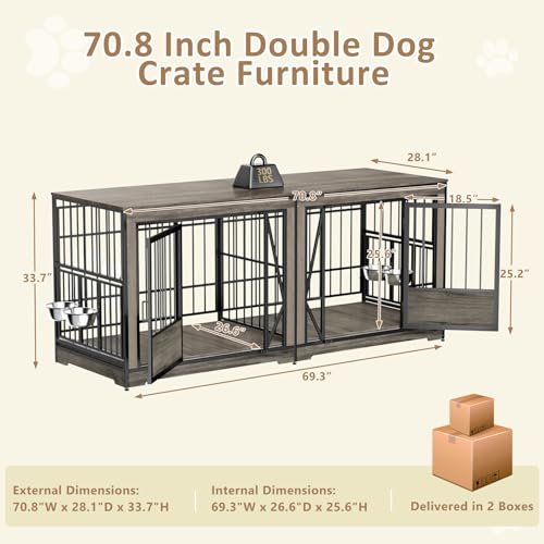 86 in Double Dog Crate Furniture with Divider, Heavy Duty Wooden Kennel for Large Dogs, Brown P52672