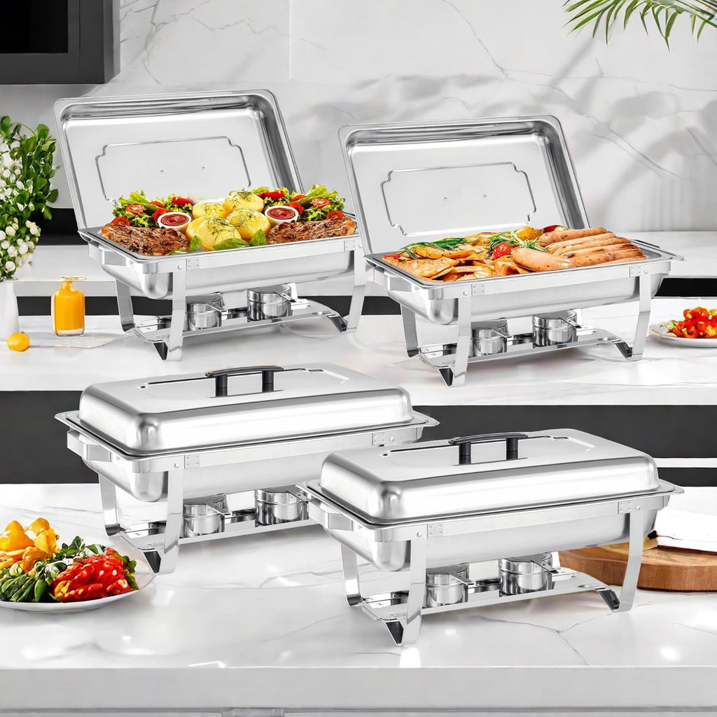 Chafing Dish Buffet Set - 4 Pack, 8 Quart Stainless Steel Chafer Buffet Servers and Warmers Set with Folding Frame for Weddings, Parties, Banquets, and Catering Eventst