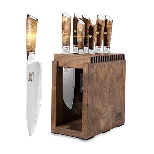 Knife Set Block - 8 Piece Chefs Knife Set - Damascus Steel VG10 Japanese Stainless Steel Home Kitchen Knife Set With Shadow wood Handle&Unviersal Walnut Block